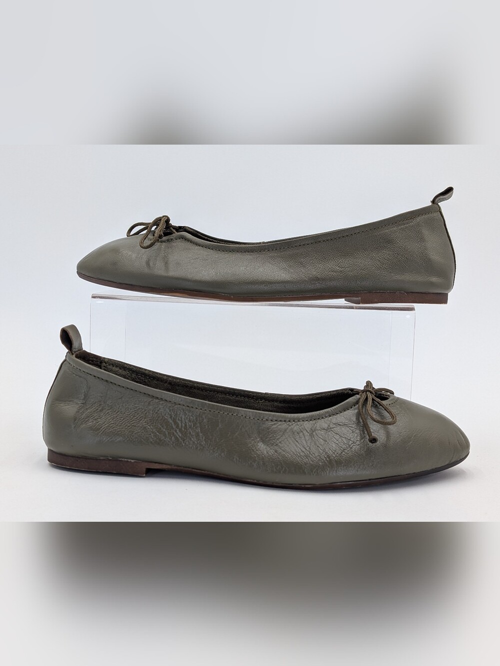 Olive Leather Ballet Flats - Women's Comfortable Slip-Ons - Picture 8 of 16